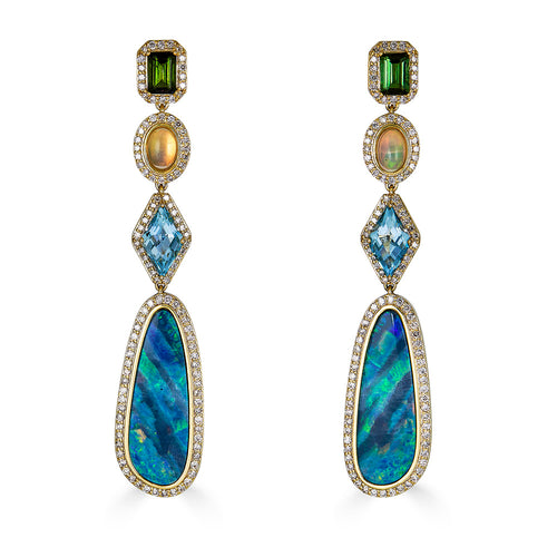 Tourmaline, Peruvian Opal, Australian Opal, & Aquamarine Drop Earring