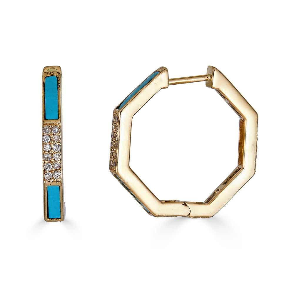 Turquoise Enamel Hexagon Hoop Earrings