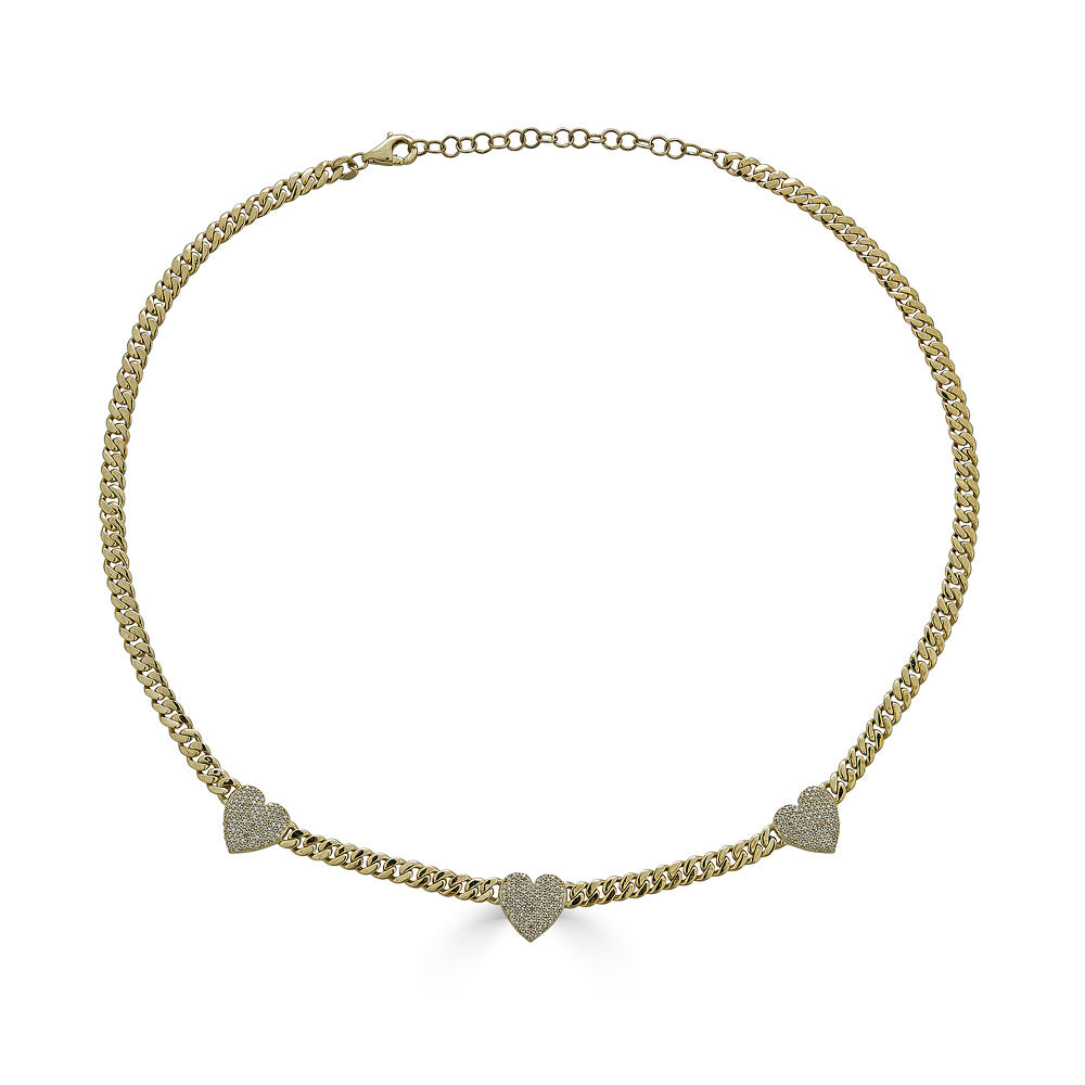 Yellow Gold Three Pave Hearts Necklace
