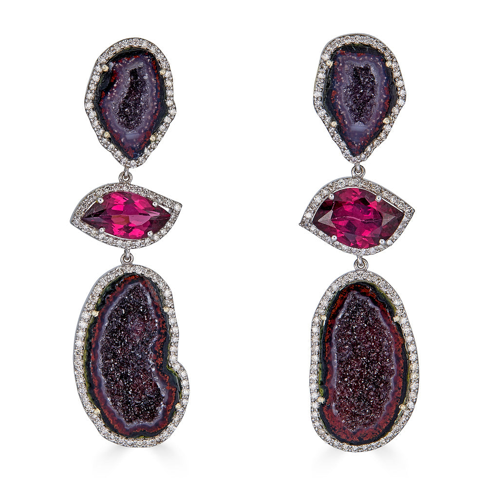 Geode and Pink Tourmaline Earrings