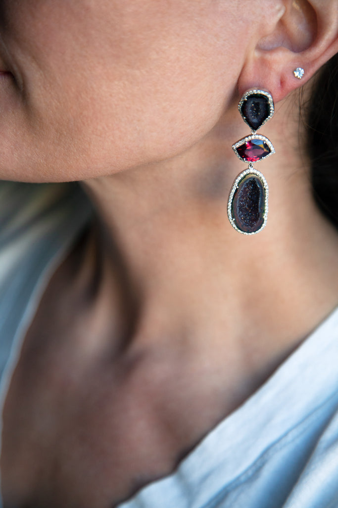 Geode and Pink Tourmaline Earrings