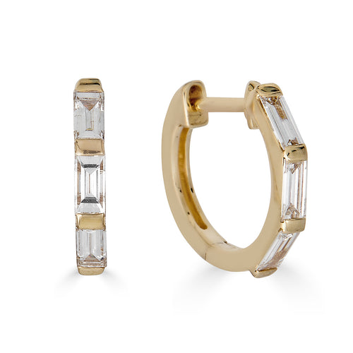 Three Baguette Diamond Huggie Earrings